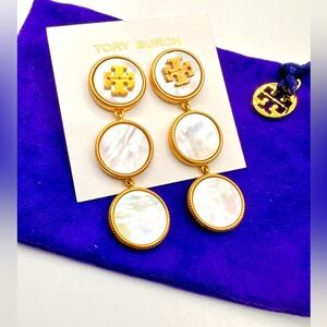 Tory Burch Triple Button Dangle Drop Mother of Pearl Earrings, NWOT w/Dust Bag